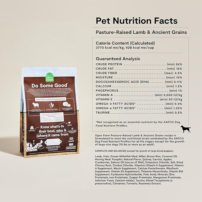 Open Farm, Ancient Grains Dry Dog Food, Protein-Rich & Nutrient Dense, 90% Animal Protein Mixed with Non-GMO Fruits, Veggies and Superfoods, Pasture Raised Lamb Recipe, 22lb Bag