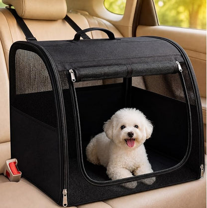 Dog Car Crate, Enclosed Foldable Cat Car Seat Carrier, 23.62x20x20in, Black | Portable Dog Cat Carrier with Seatbelt Attachment & Headrest Strap, Soft-sided Pet Kennel with Bed for Pet Travel up to 25 lb