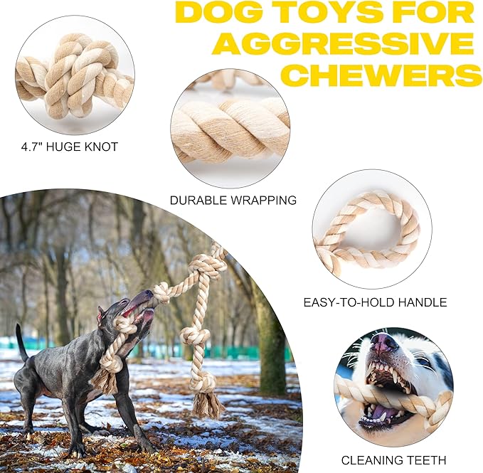 PetiFine Dog Rope Toys for Aggressive Chewers - Large, Tough Indestructible Natural Cotton Rope Toy with 3 Big Knots and a Handle for Tug of War