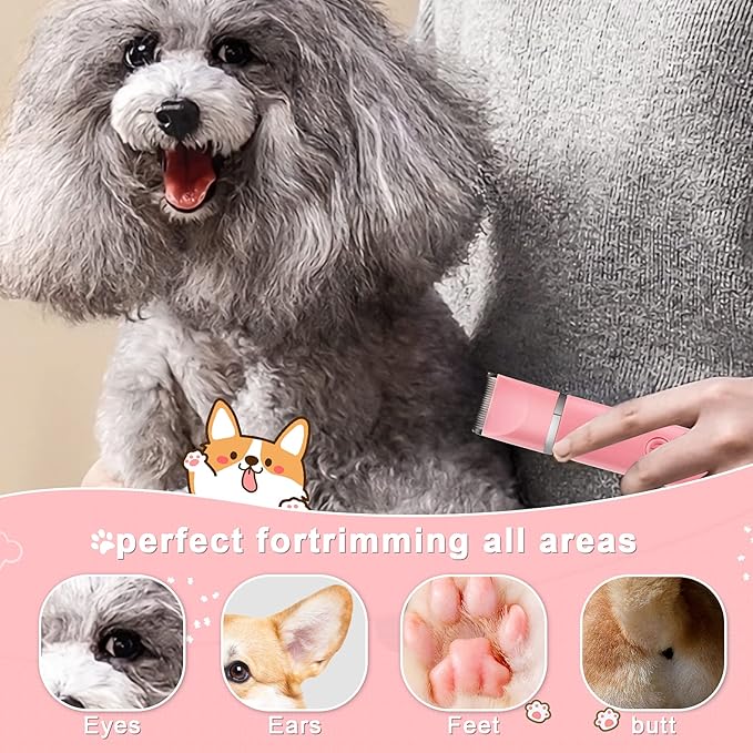 Dog Grooming Clippers Kit-Electric Rechargeable Cat Trimmer Tools-Cordless Quiet Pet Nail Paw Grinder-4 in 1 Multifunctional Low Noise Shaver-Razor for feet Face Ears Toenail Eye（Pink）