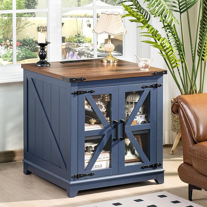 Farmhouse Coffee Table Sets 3 Pieces, Large End Side Tables with Charging Station and Coffee Table with Hidden Storage Compartment, Blue Living Room Table Set, Wood Furniture Sets for Home Office