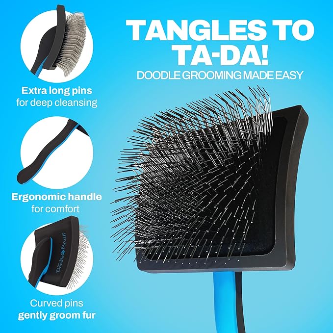Doodle Brush Slicker Brush for Dogs - Doodle Detangler for Goldendoodle, Bernedoodle, Cockapoo, Cavapoo - Dog Brushes for Grooming & Dematting - Dog Grooming Brushes - Poodle Pin - Extra Long Pin
