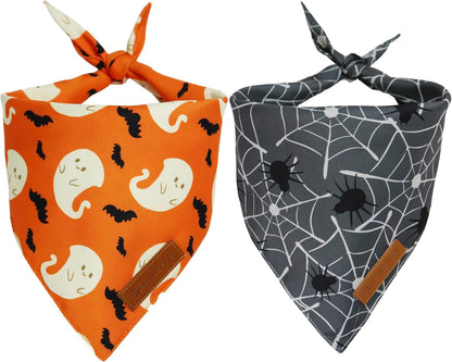 Realeaf Halloween Dog Bandanas 2 Pack, Spider Web Ghosts Bibs, Triangle Reversible Fall Pet Scarf, Premium Durable Fabric, Adjustable Fit (Halloween, Large)