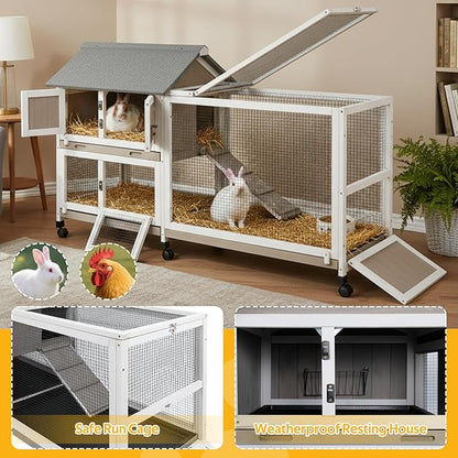 PetsCosset Rabbit Hutch Outdoor Bunny Hutch 2-Story Wooden Indoor Rabbit Cage with Run, 6 Wheels, Waterproof 3 Leak Proof Trays, Ramp, Weatherproof Asphalt Roof for Animals Pets, Expandable Design