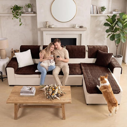 FUANGUI 2 Pack Waterproof Couch Cover for Dogs Pets Sofa Protector | Non-Slip Washable Fuzzy Soft Sofa Slipcover for 2 PCS L Shaped Sofa Pet Friendly, 27.6" x 70.9"+27.6" x 82.7", Brown