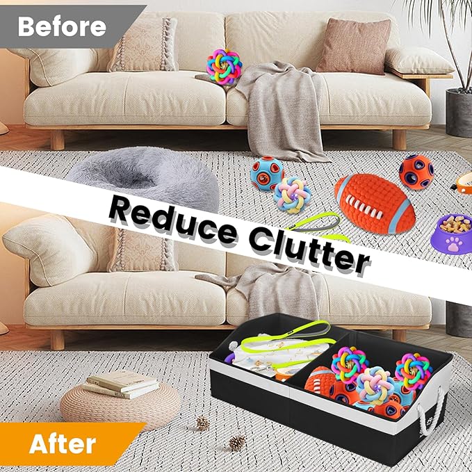 Large Dog Toy Basket With Handle, Foldable Dog Toy Box for Living Room Area, 28.5" Basket for Dog Toys, Clothes, Organizers and Storage with Hard Board, Anti-slip for Pet Toys (Black, Large)
