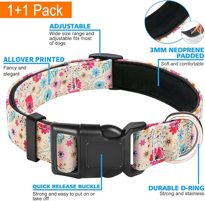 Reflective Dog Collar Padded with Soft Neoprene Breathable Adjustable Nylon Dog Collars for Small Medium Large Dogs (X-Small (Pack of 1), Vanila/Pink Floral Collar+Leash)