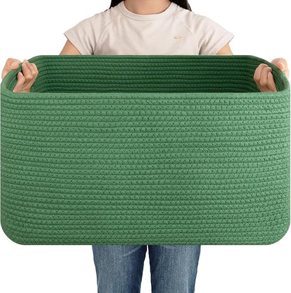 OIAHOMY 75L Large Blanket Basket, Woven Cotton Rope Baskets for Organizing 22”x17”x12”, Blanket Basket living Room, Toy Storage Bins for Nursery, Green