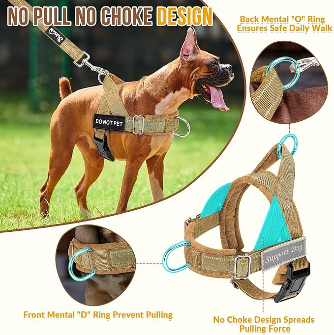 SlowTon No Pull Dog Harness with Front Clip - Heavy Duty, Soft Padded | Neck & Chest Adjustable, Tactical Pet Vest and Leash Set for Large Medium Sized Dogs, for Easy Walk & Training, Tan S