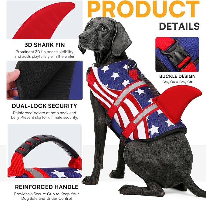 Shark Dog Life Vest for Swimming, Pet Life Vests for Boating, High Buoyant DogLife Jacket, Ripstop High Flotation Swimsui for Small, Medium, Large Dogs (USA Flag,XL)