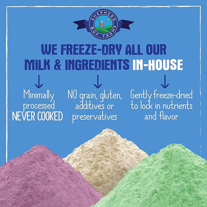Shepherd Boy Farms Freeze Dried Raw Goats Milk with Probiotics for Dogs & Cats (Super Greens), Organic USA Veggies & Fruits, High Protein, Digestible Goat Milk Powder, Food Toppers - Makes 32 FL OZ