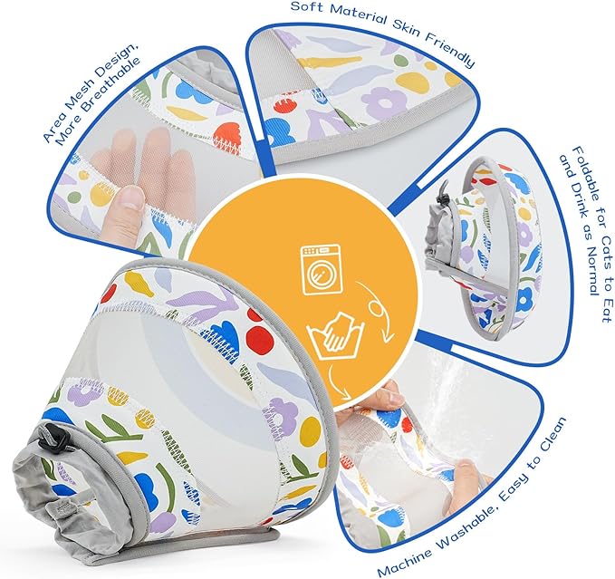 Breathable Air Mesh Cat Cone Collar Soft to Stop Licking, Adjustable, Foldable Lightweight Kitten Cones After Surgery Recovery for Cats & Kittens (Flower,L)