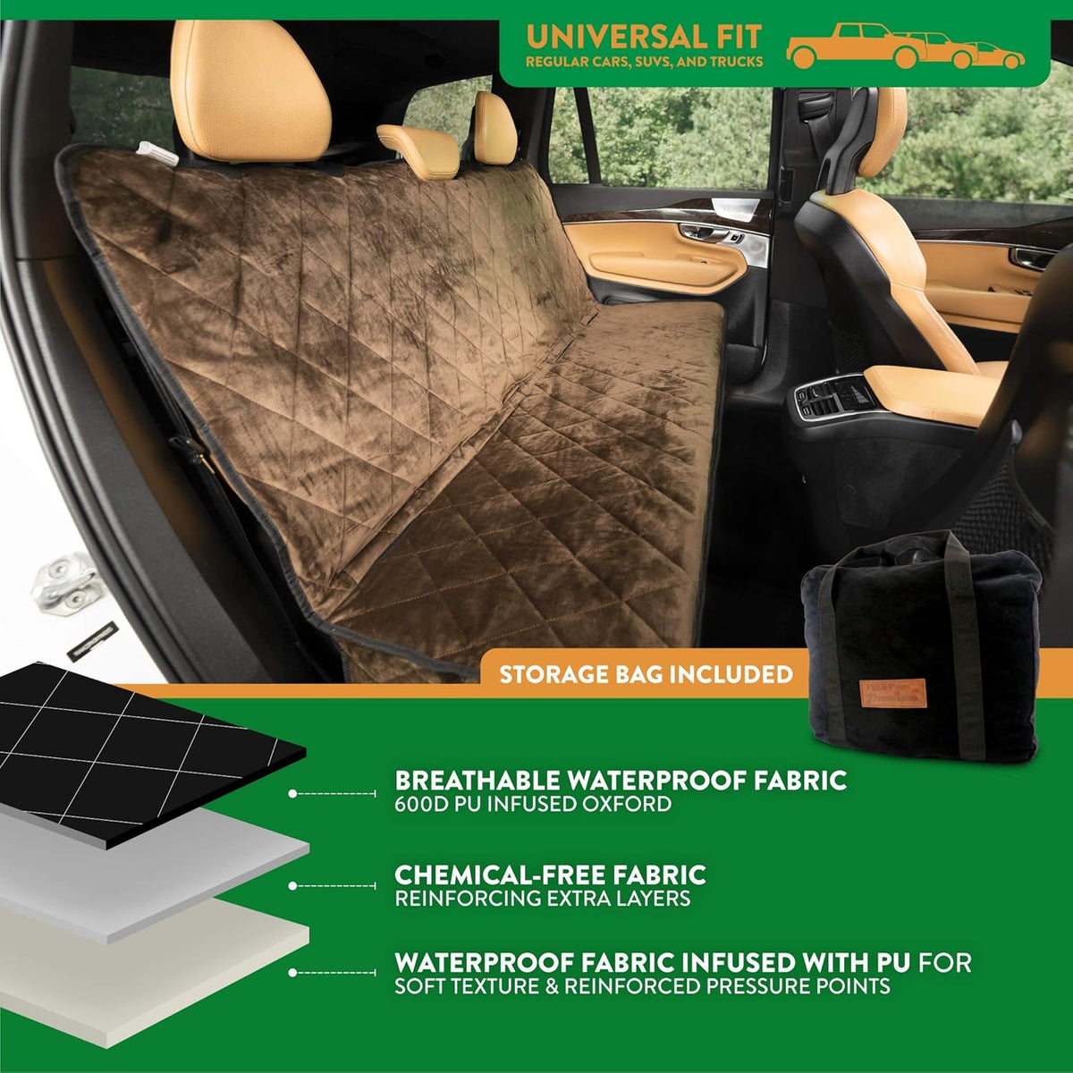 Plush Paws Products Velvet Rear Car Seat Protector w/Hammock | Washable & Waterproof Back Seat Dog Cover for Car, Truck, & SUV | Nonslip, Tear Resistant Pet Seat Cover | X-Large Chocolate