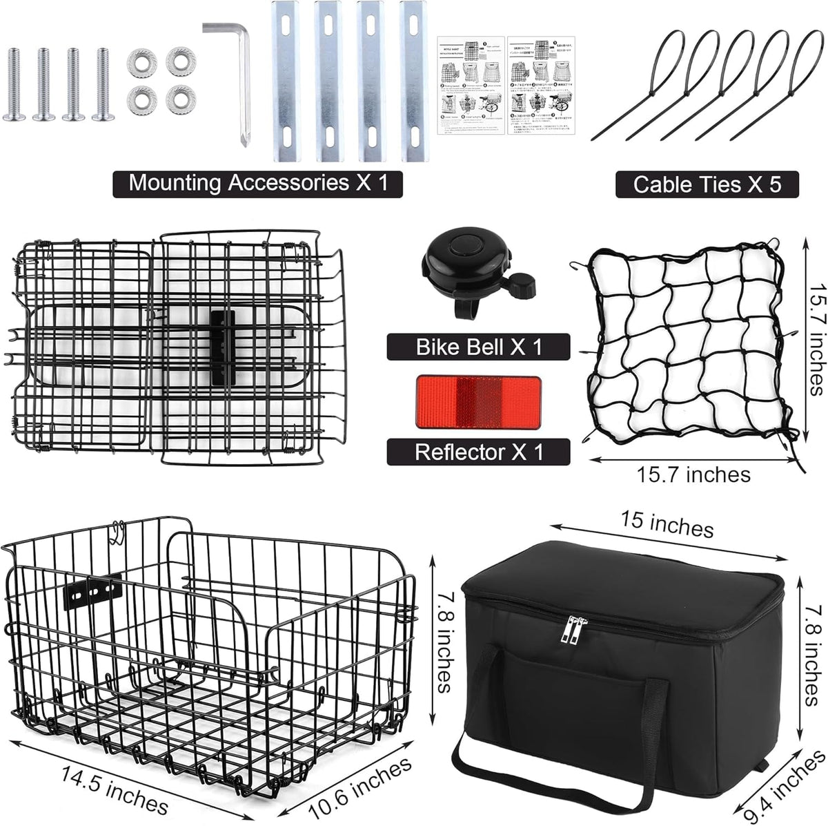 Aodaer Bike Basket with Removable Liner Bag Cargo Net Large Folding Bike Basket Quick Release Metal Ebike Basket Bicycle Storage Basket for Carrying Fruit & Grocery Pets Dogs