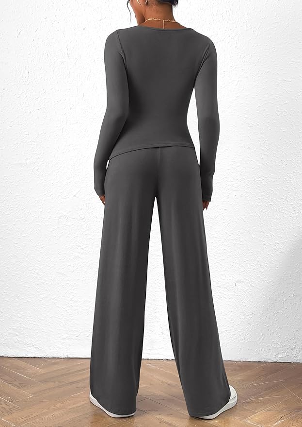 PRETTYGARDEN Women's 2 Piece Lounge Sets Asymmetrical Long Sleeve T Shirt Wide Leg Pants Casual Outfits Tracksuit