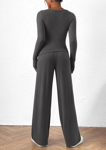 PRETTYGARDEN Women's 2 Piece Lounge Sets Asymmetrical Long Sleeve T Shirt Wide Leg Pants Casual Outfits Tracksuit