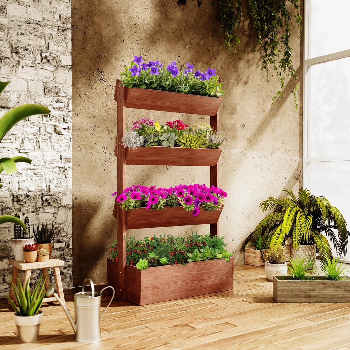 SUNYRISY 4 Tiers Vertical Wooden Raised Garden Bed Outdoor, Freestanding Garden Planter Box Stand for Planting Herbs Flowers Vegetables Outdoor Gardening