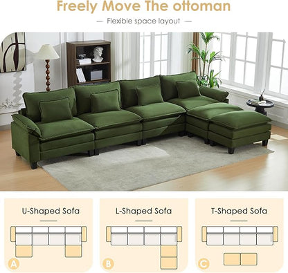URRED Cloud Couch Modular Sectional Sofa, 157" Modern U Shaped Deep Seat Sofa with 2 Ottomans & Pillows, Ultra Comfy Corduroy Couches for Living Room, Bedroom or Apartment, Green