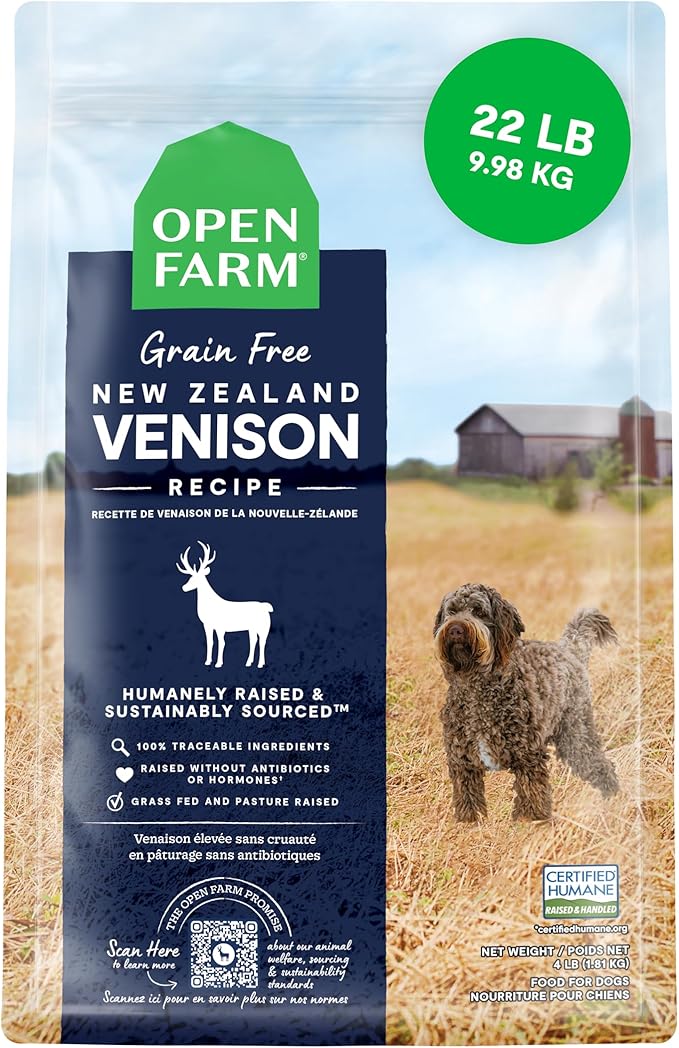 Open Farm, Grain-Free Dry Dog Food, Complete & Balanced Kibble, Sustainably & Ethically Sourced Ingredients, Non-GMO Veggies & Superfoods Support Overall Health, New Zealand Venison Recipe, 22lb Bag