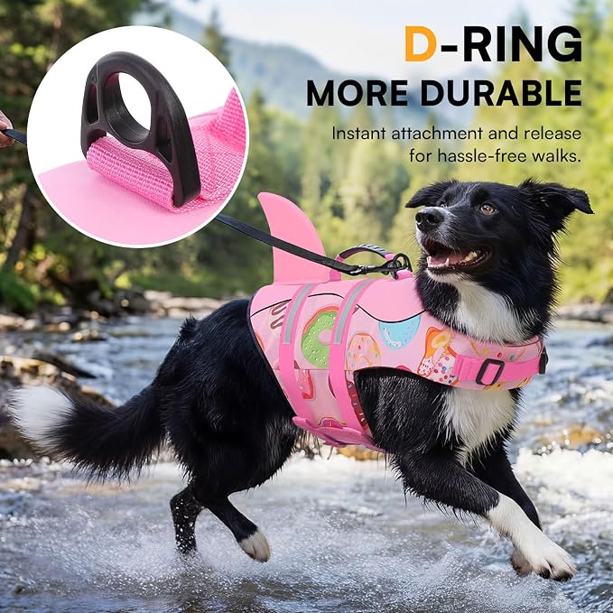 Dog Life Jacket, Dog Life Vest for Swimming, High Buoyancy Shark Swimming Safety Vest for Extra Large Dogs, Reflective Pet Lifesaver Preserver with Rescue Handle, Pink Donut 2XL