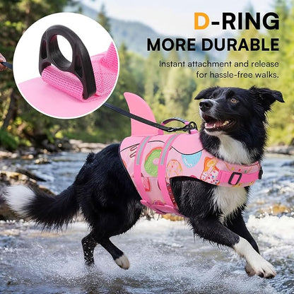 Dog Life Jacket, Dog Life Vest for Swimming, High Flotation Shark Swimming Safety Vest for Large Dogs, Reflective Pet Lifesaver Preserver with Rescue Handle, Pink Donut XL