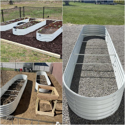 A ANLEOLIFE 12X3X1.5 ft Galvanized Raised Garden Beds Outdoor, Oval Extra Large Metal Planter Box for Planting Vegetables Flowers Herb, Anti-Rust & Easy-Setup, Antique White