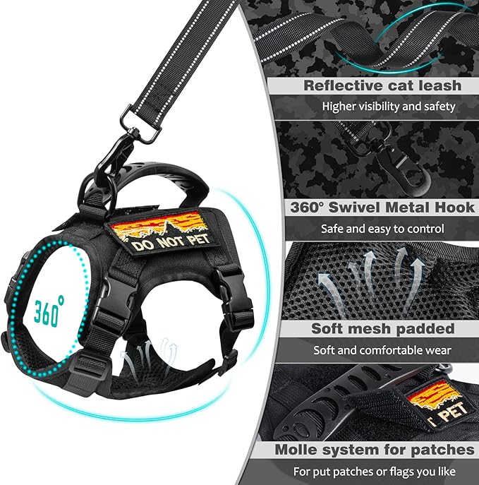Tactical Cat Harness and Leash for Walking Esacpe Proof,Adjustable Soft Mesh Large Cat Vest with Rubber Handle Easy to Control,Molle Patches