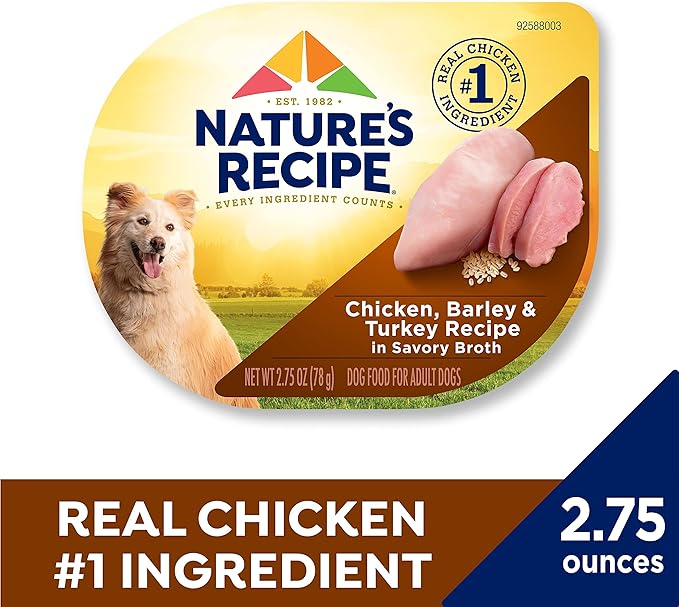 Nature’s Recipe Chicken, Barley & Turkey Recipe in Savory Broth Wet Dog Food, 2.75 oz. Cup, 12 Count