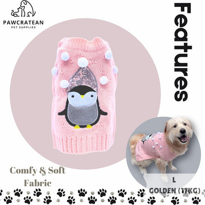 Cute Sweater for Dogs and Cats Soft Flannel Pet Outfit Warm and Cozy Animal Hoodie Small to Large Pet Clothes for Halloween Parties and Everyday Wear (Large, Pink Pinguin)