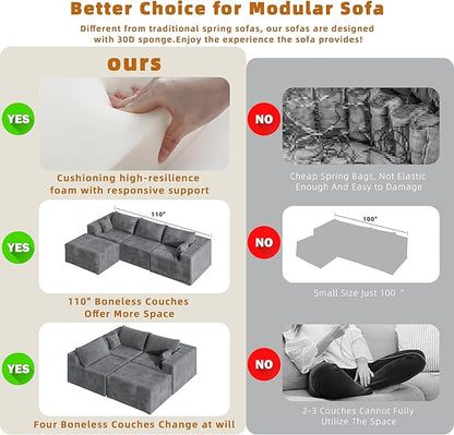 CABZOON 110" Cloud Couch Sectional for Living Room L-Shape Boneless Couches Modular Sectional Sofa with Deep Seat Plush with Chaise,No Assembly Required, Carbon Gray(Plush Corduroy Fabric)