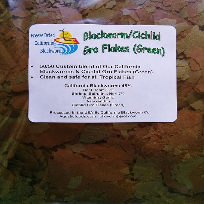 Aquatic Foods Inc. Flakes - 45% California Blackworm & Cichlid Green GRO Flake Mix for Discus, Cichlids, Tetras, Guppies, Live Bearers, All Community Tropical Fish - Premium AF Flakes - 1/4-lbs