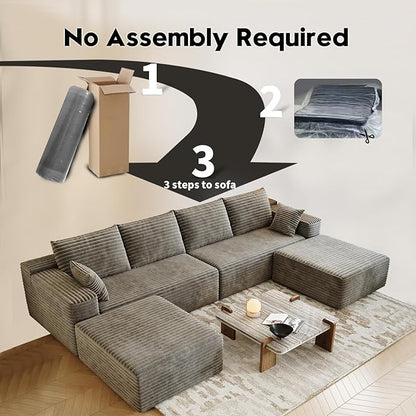 139.4" Modular Sectional Sofa, U-Shaped Minimalist Couches with 2 Ottomans Chaise, Modern Deep Seat Convertible Sleeper Sofa Bed,Cloud Plush Corduroy Fabric, No Assembly Required, 6 Seater, Camel