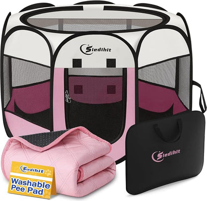 Siedihit Dog Pet Playpen Tent Crate Cage with Washable Pee Pad, Large Pink | Travel Camping Portable Pop Up Easy to Set up lightweight dog Kennel with Carrying Bag for Indoor/Outdoor Wide applicability