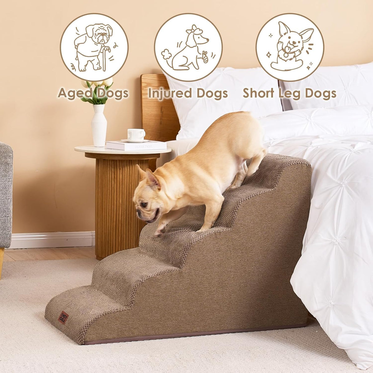 EHEYCIGA Curved Dog Stairs Ramp for High Beds 22.6" H, 5-Step Dog Steps for Small Dogs and Cats, Pet Stairs for High Bed Climbing, Non-Slip Balanced Pet Step Indoor, Camel