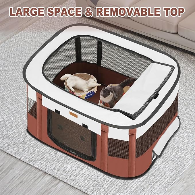Dog Playpen - Foldable Cat Play Pens for Pubby,Kitten, Rabbit,Portable Pet Tent with Carring Bag for Indoor/Outdoor Travel Camping (Brown-Large)
