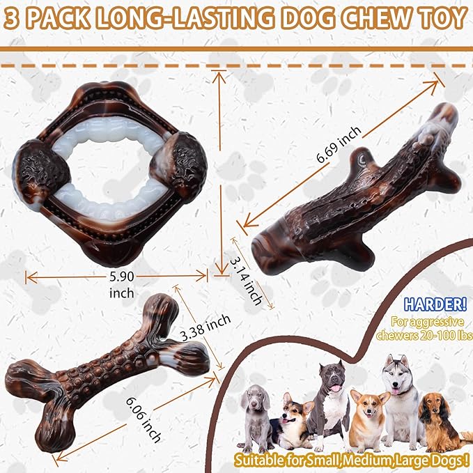 Magicorange 3-Pack Dog Chew Toys for Aggressive Chewers, Nylon Durable Dog Toys, Bacon Flavored Tough Bones Chew Toys