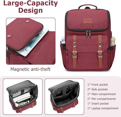 YALUNDISI Vintage Backpack Travel Laptop Backpack with usb Charging Port for Women & Men College Backpack Fits 15.6 Inch Laptop Red Brown