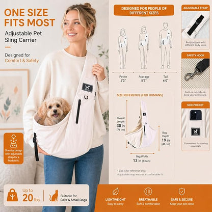 Dog Sling Carrier for Small Dogs & Cats 5-20 lbs, Adjustable Depth | Breathable Air Mesh Puppy Sling, Water-Resistant Travel Bag, Double Safety Leash, Machine Washable, Hands-Free Pouch, Apricot