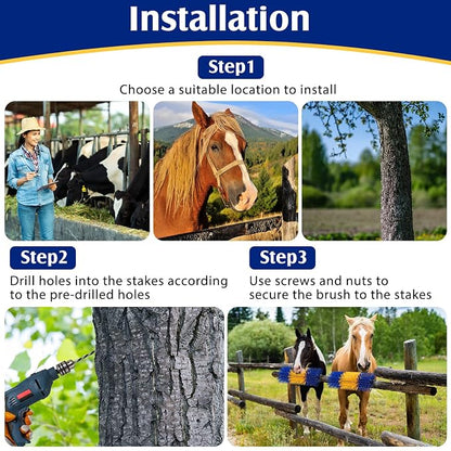 3 Pack Livestock Scratching Brush, Yellow and Blue | Animal Scratcher, Itch Relief Grooming, Horse Goat Cow Scratcher, Fence Post Mounting, Durable Bristles, Farm Livestock Care