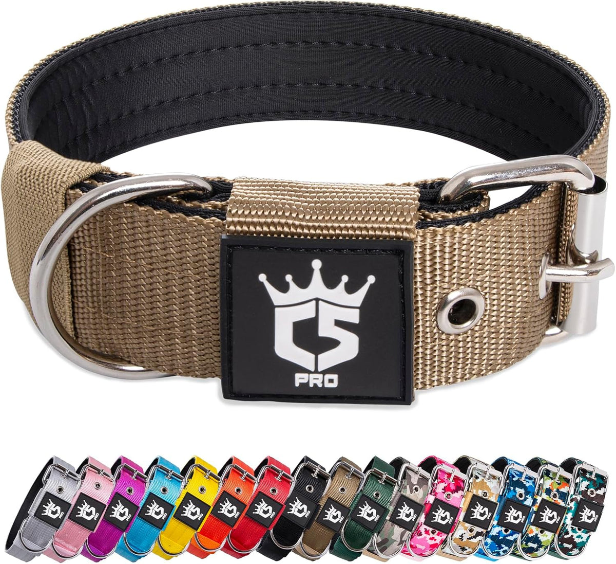TSPRO Tactical Dog Collar 1.5 Inch Wide Thick Dog Collars with Heavy Duty Metal Buckle, Durable, Strong, Adjustable for Medium to Large Dogs (Khaki M)