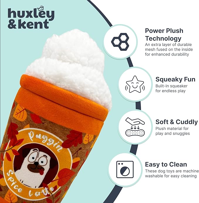 Huxley & Kent Funny Dog Toy w/Squeaker – Fall Power Plush Squeaky Dog Toys for Small, Medium & Large Dogs – Soft Stuffed Animal for Indoor Play & Fetch - Puggin Spice Latte, Small