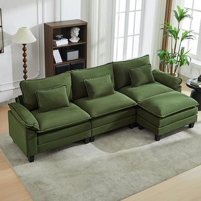 URRED Cloud Couch Modular Sectional Sofa, 122'' Modern L Shaped Deep Seat Sofa with Ottoman & Pillows, Ultra Comfy Corduroy Couches for Living Room, Bedroom or Apartment, Green