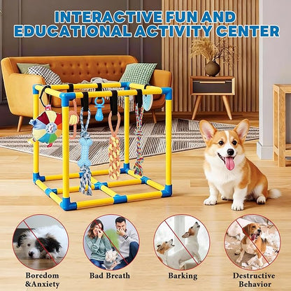 WLLEYAY Puppy Play Gym for Small Dogs 10 Hanging Toys,Interactive Dog Toys | Removable Indoor Jungle Gym,PVC Frame With Adjustable Bungee Straps, Interactive Tug Toys,Dogs Rope Toy To Keep Them Busy