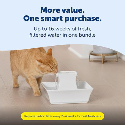 PetSafe Drinkwell Pagoda Fountain, 70 oz Ceramic, 4-Pk Filters Included | 2 Free-Falling Water Streams Encourage Hydration, Pet Water Fountain for Cats & Dogs, Includes 4 Carbon + 2 Foam Filters