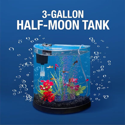 Tetra 3 Gallon Small Fish Tank, Aquarium Starter Kit, with Filter, Air pump, & Color Changing Light, Half Moon shape, for Gold Fish & Betta