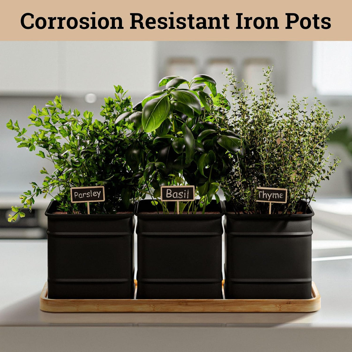 Herb Planter Indoor - 3 Iron Herb Pots with Drainage Holes, Varnished Bamboo Tray, Customizable Labels & Marker Pen - Indoor Herb Garden Planter - 3 Pots for Herbs - Inside Spice Garden - Basil Pot