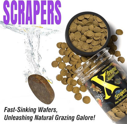Xtreme Scrapers Wafers - Premium 14mm Fast-Sinking Fish Food – Nutrient & Cellulose Rich Ideal for Nocturnal Feeders, Catfish, Plecostomus Species, and Loaches – USA Farm Grown (9oz)