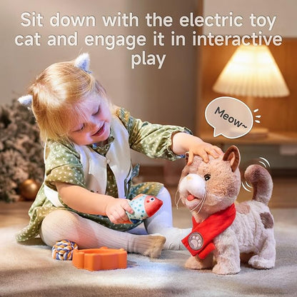 TUMAMA Toy Cat for Kids, Cute and Realistic Kitty Toy That Walks, Meows, Tongues Out and Wags Tail, Interactive Electronic Cat Plush Toy with Leash, Best Gift for Boys and Girls Ages 3 4 5 6 7
