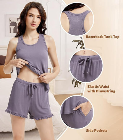 NACHILA Pajamas for Women-Viscose from Bamboo, Ribbed Racerback Tank Top Sexy Split Shorts Pajama Sets Cooling Sleep Cami Pjs