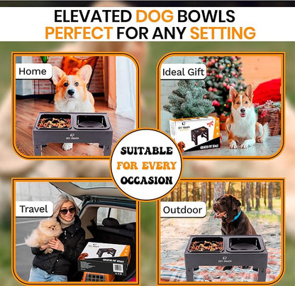 Elevated Dog Bowls with Collapsible Scoop, Slow Feeder Dog Bowls & No-Spill Water Bowl, Raised Dog Bowl Stand 4 Adjustable Heights for Small, Medium & Large Dogs
